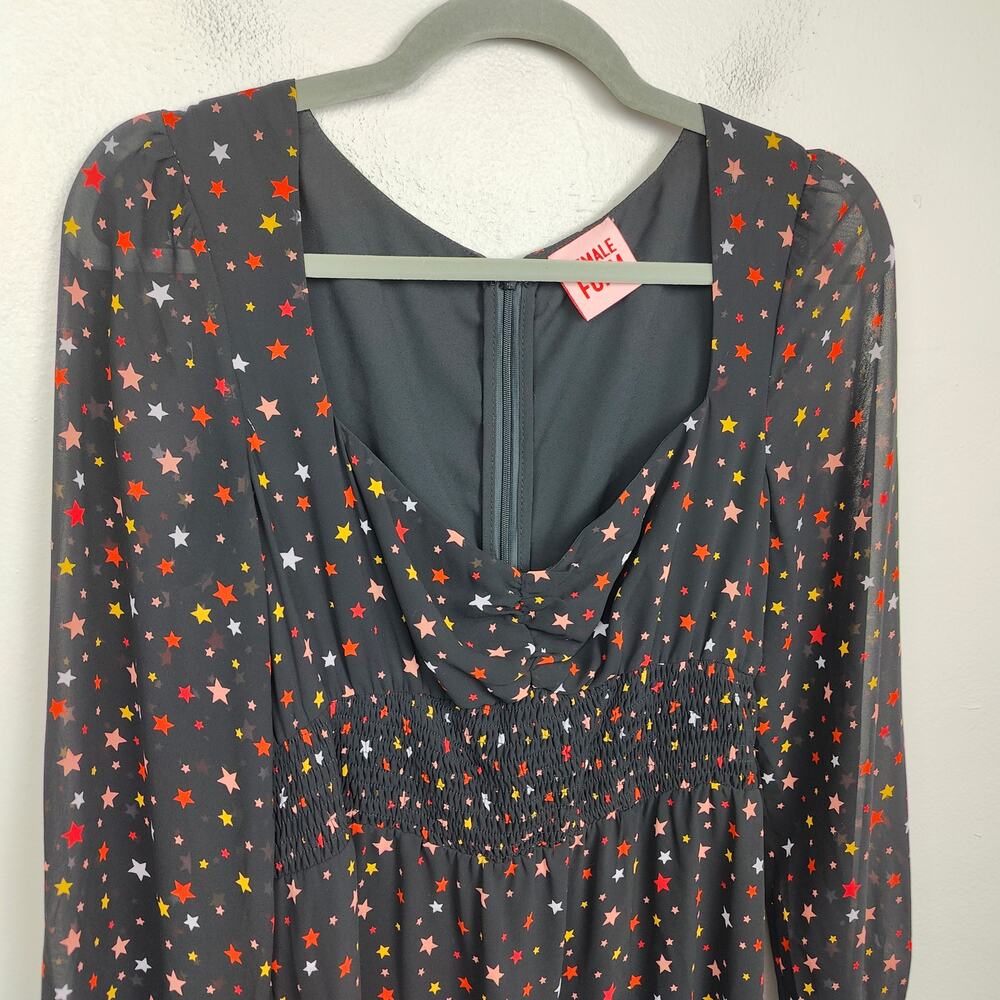 Female Form Star Print Midi Dress Womens Large Black Semi-Sheer Peasant Boho - Picture 2 of 10